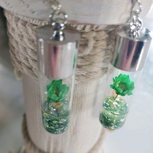 Green Wish Flowers Glass Bottle Dangle Earrings